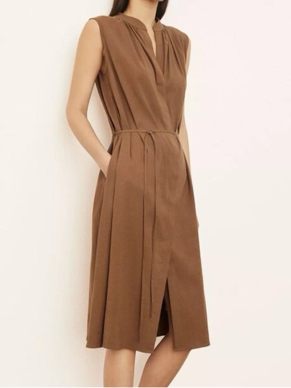 Vince Sleeveless Brown Midi Dress with Tie Waist
